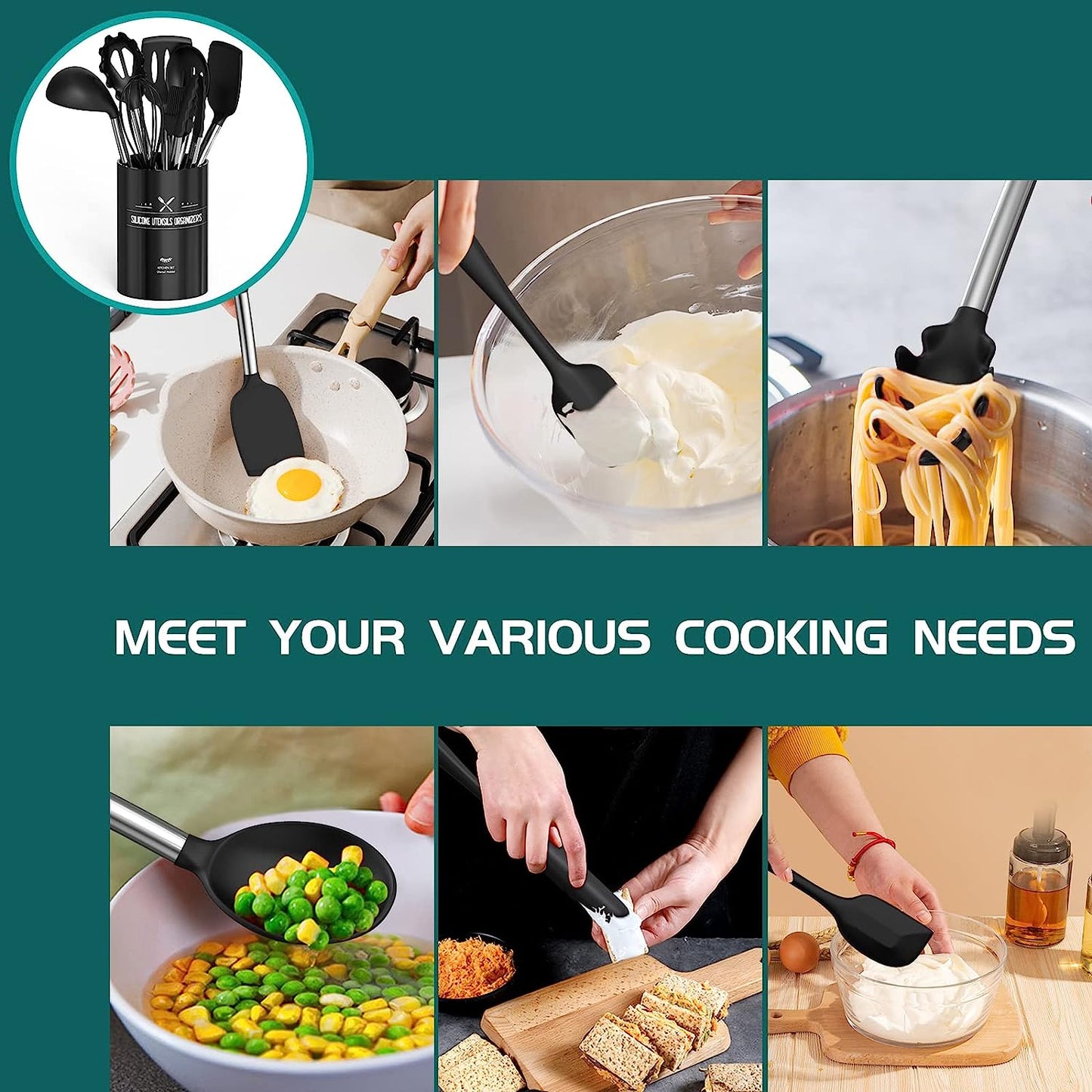 Ultimate 15-Piece Silicone Cooking Utensil Set with Stainless Steel Handles - Non-Stick, Durable & Dishwasher Safe Kitchen Tools in Black