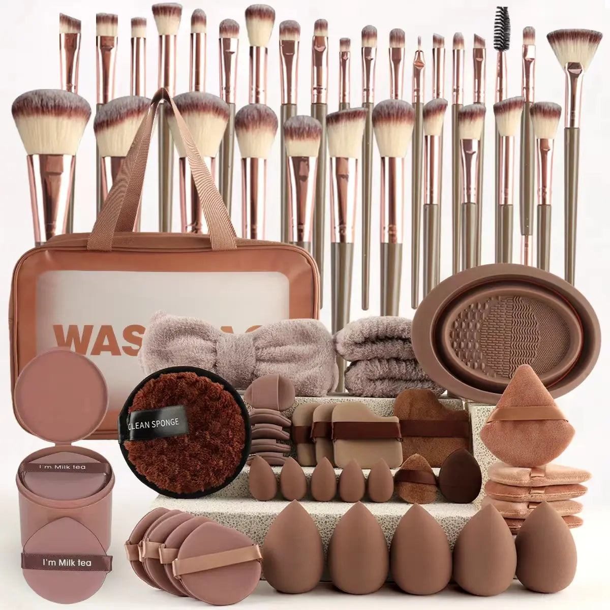 67 Piece Luxe Makeup Brush Set in Brown with Chic Puff Storage Bag - Your Ultimate Beauty Companion for Flawless Foundation, Blending, and Contouring!
