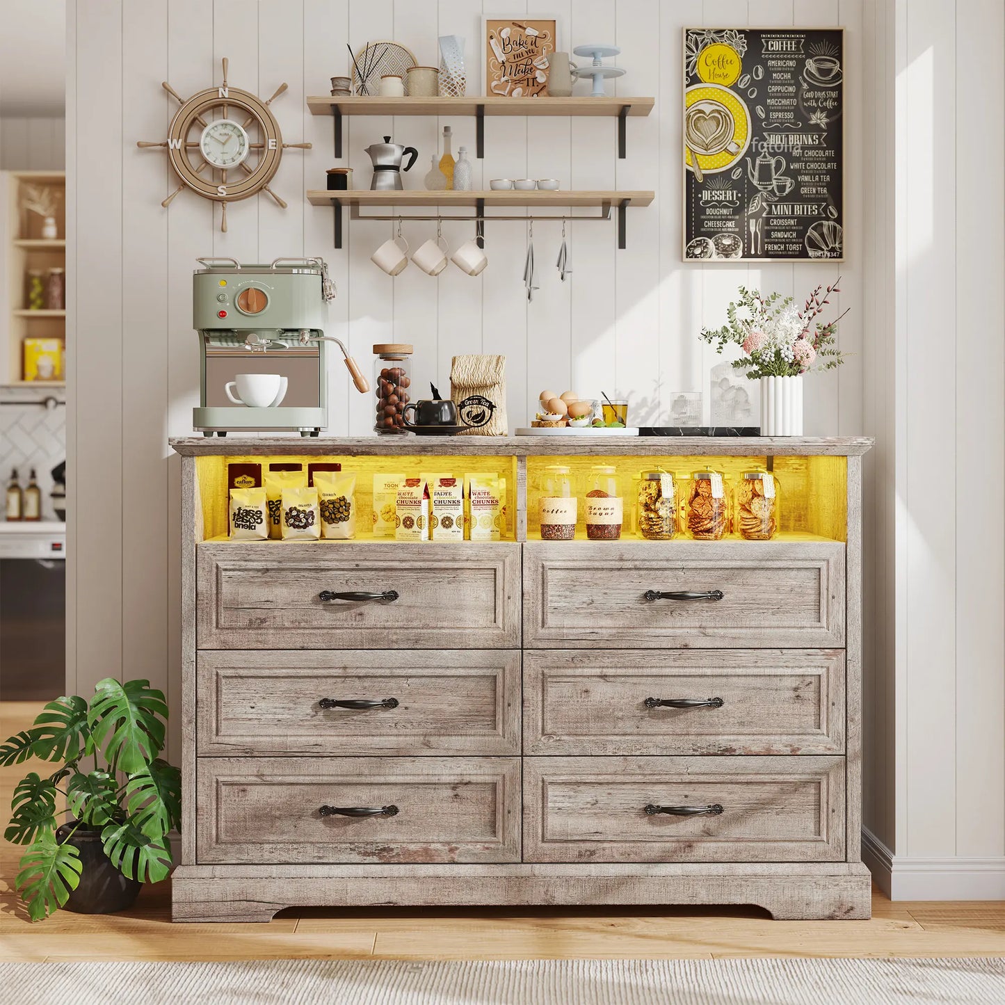 Raybeefurniture 47.2“/”55.2''Wide Dresser for Bedroom, Wood Dresser with LED & Power Outlet, Vintage 6/10 Drawer & Chests of Drawers, TV Stand, Closet,Hallway