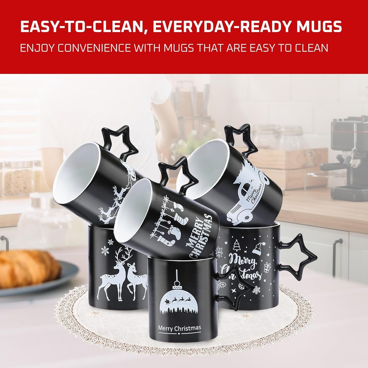 Charming Black Star Handle Coffee Mugs - Set of 6 Large 14 Oz Holiday Cups Perfect for Hot Beverages and DIY Decor