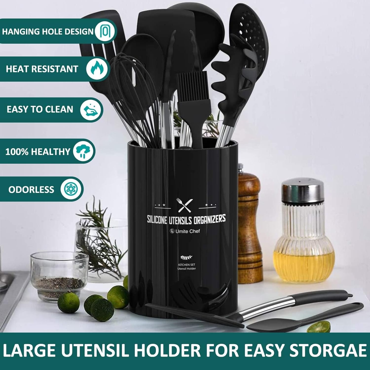 Ultimate 15-Piece Silicone Cooking Utensil Set with Stainless Steel Handles - Non-Stick, Durable & Dishwasher Safe Kitchen Tools in Black