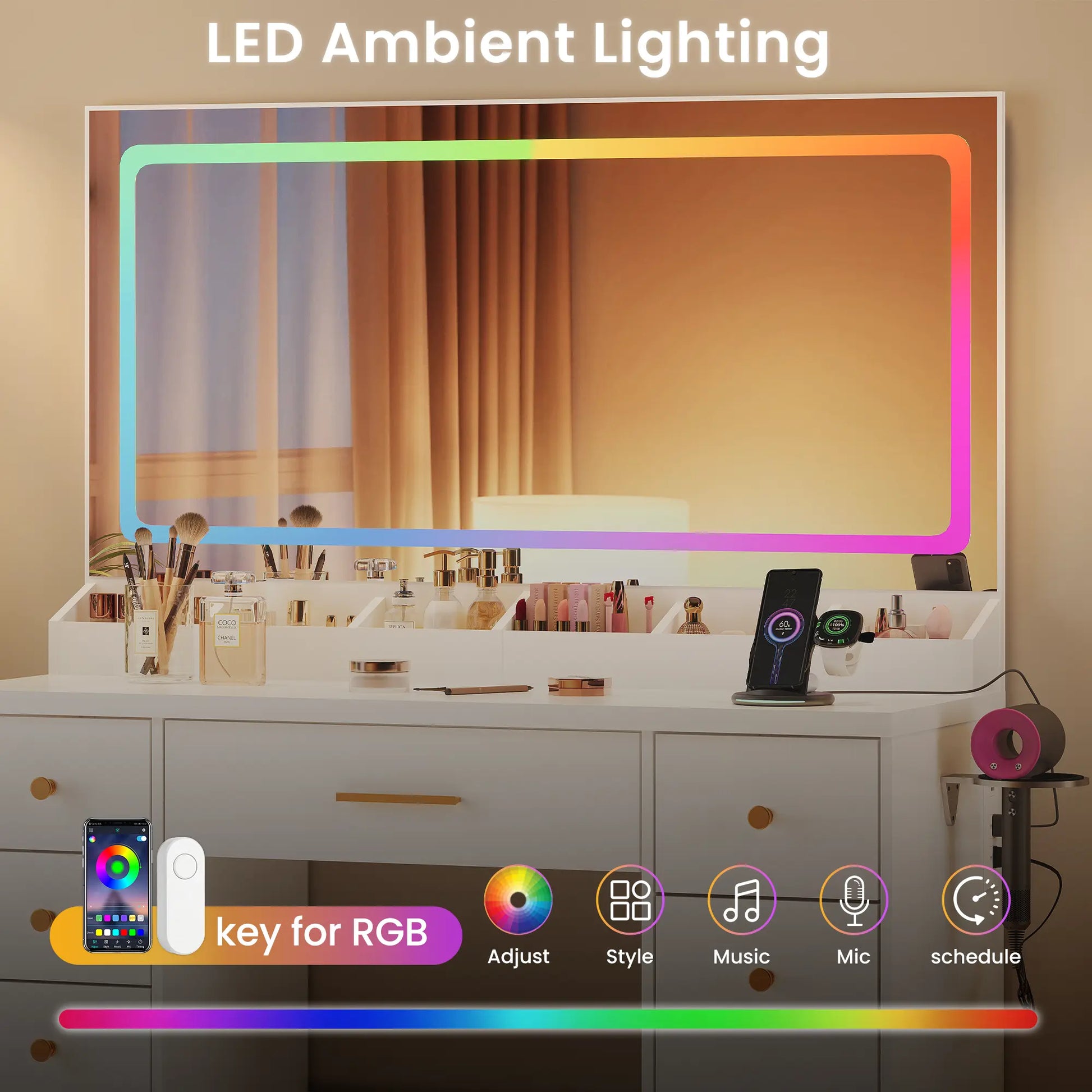 Illuminate Your Space: Modern 7-Drawer Vanity Table with Colorful LED Lights and Power Outlet - Perfect Dressing Table for Girls