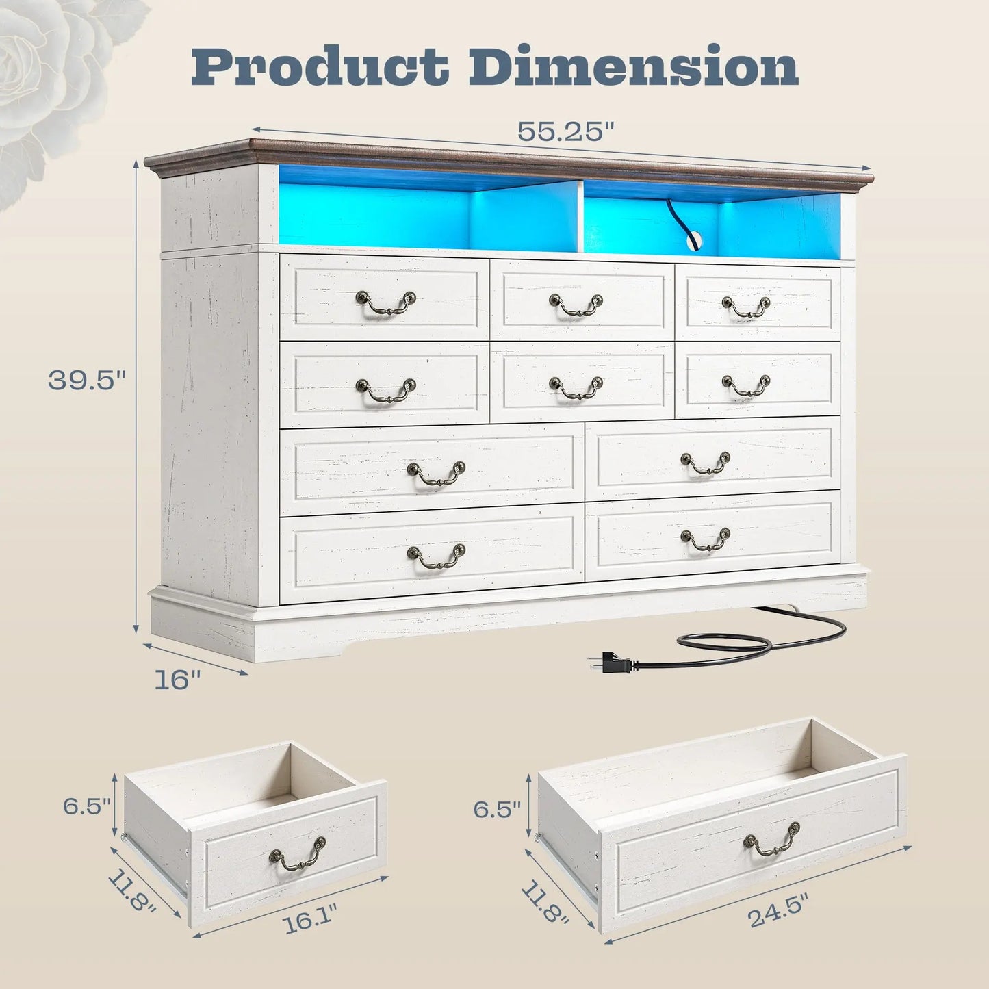 Raybeefurniture 47.2“/”55.2''Wide Dresser for Bedroom, Wood Dresser with LED & Power Outlet, Vintage 6/10 Drawer & Chests of Drawers, TV Stand, Closet,Hallway
