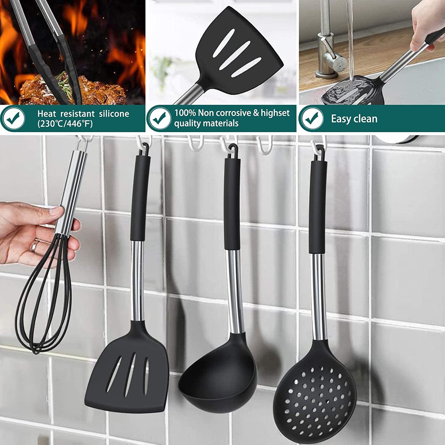 Ultimate 15-Piece Silicone Cooking Utensil Set with Stainless Steel Handles - Non-Stick, Durable & Dishwasher Safe Kitchen Tools in Black