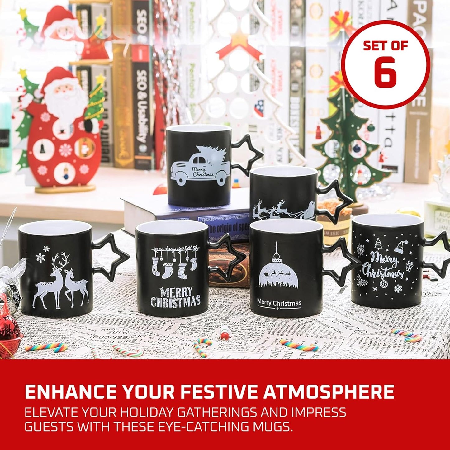 Charming Black Star Handle Coffee Mugs - Set of 6 Large 14 Oz Holiday Cups Perfect for Hot Beverages and DIY Decor