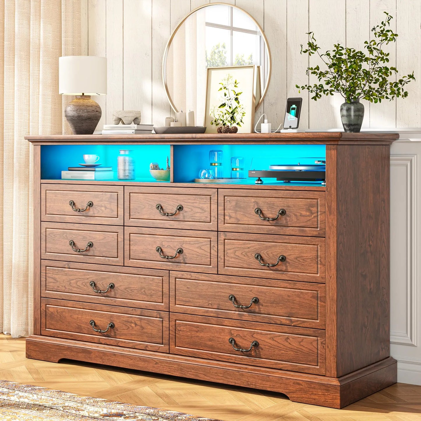 Raybeefurniture 47.2“/”55.2''Wide Dresser for Bedroom, Wood Dresser with LED & Power Outlet, Vintage 6/10 Drawer & Chests of Drawers, TV Stand, Closet,Hallway