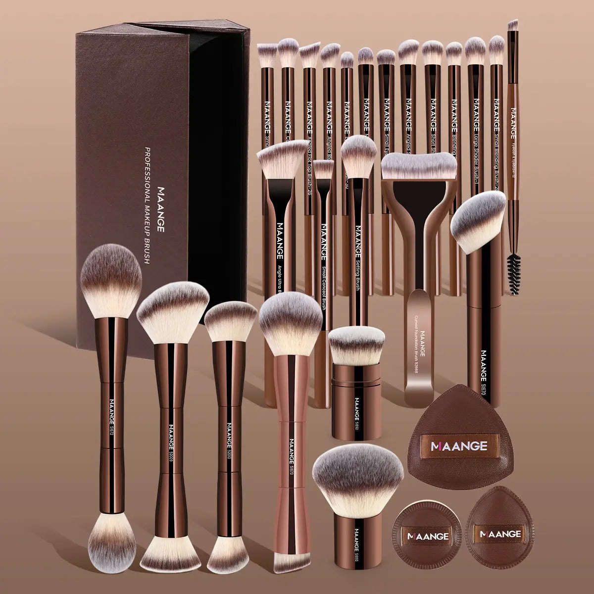 Transform Your Look with the Maange 28-Piece Ultimate Makeup Brush Set - 24 Brushes, 3 Powder Puffs & Stylish Storage Box for Flawless Beauty Application