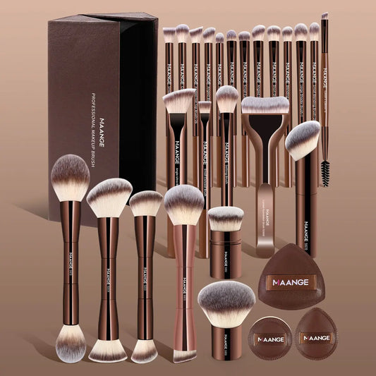 Transform Your Look with the Maange 28-Piece Ultimate Makeup Brush Set - 24 Brushes, 3 Powder Puffs & Stylish Storage Box for Flawless Beauty Application