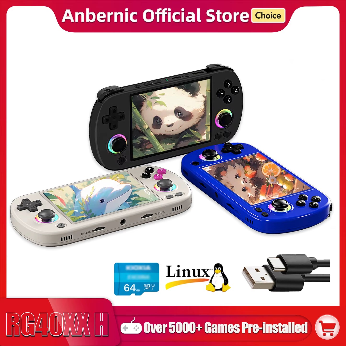 Portable Retro Handheld Game Console – 64GB, 5000+ Games, RGB Light