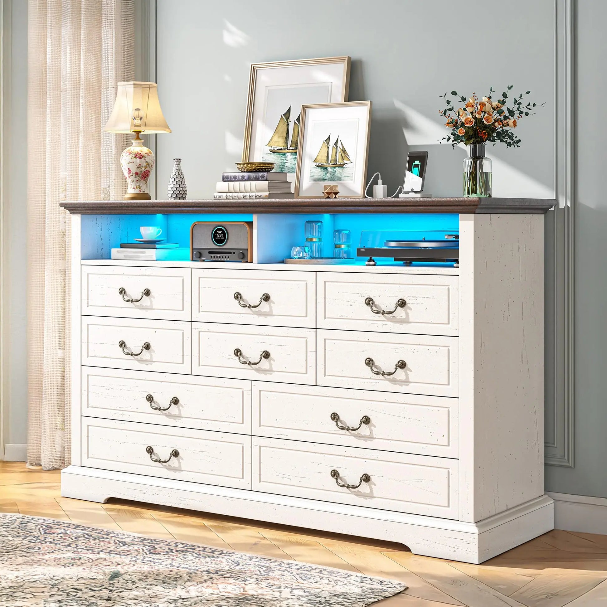 Raybeefurniture 47.2“/”55.2''Wide Dresser for Bedroom, Wood Dresser with LED & Power Outlet, Vintage 6/10 Drawer & Chests of Drawers, TV Stand, Closet,Hallway