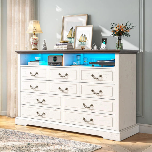 Raybeefurniture 47.2“/”55.2''Wide Dresser for Bedroom, Wood Dresser with LED & Power Outlet, Vintage 6/10 Drawer & Chests of Drawers, TV Stand, Closet,Hallway