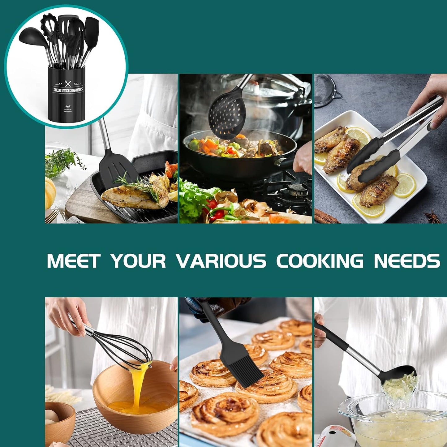 Ultimate 15-Piece Silicone Cooking Utensil Set with Stainless Steel Handles - Non-Stick, Durable & Dishwasher Safe Kitchen Tools in Black