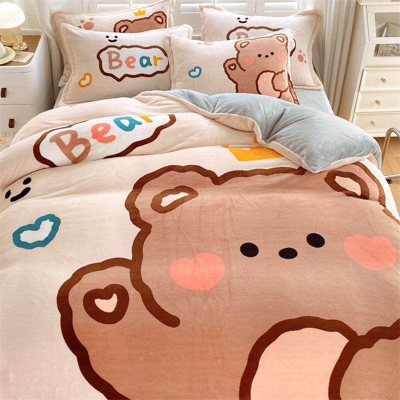 Cozy Cartoon Coral Velvet Bed Set with Plush Winter Milk Flannel Sheets – Perfect for Snuggling!