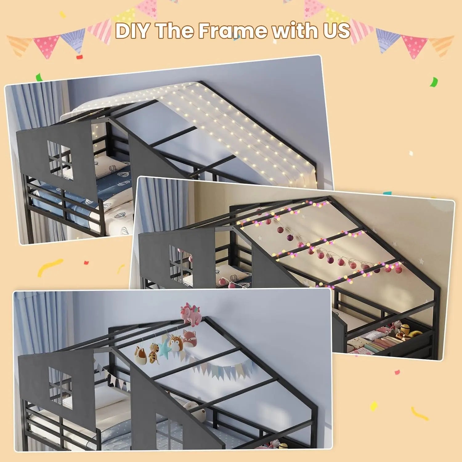 Sikaic Triple Bunk Bed Twin Size with House, 4 Storage Drawers, Charging Station and LED Lights, Metal Kids Bunk Bed with 13.4" H Safety Guardrail and Play Curtain, DIY House Shaped Bed Summergarden