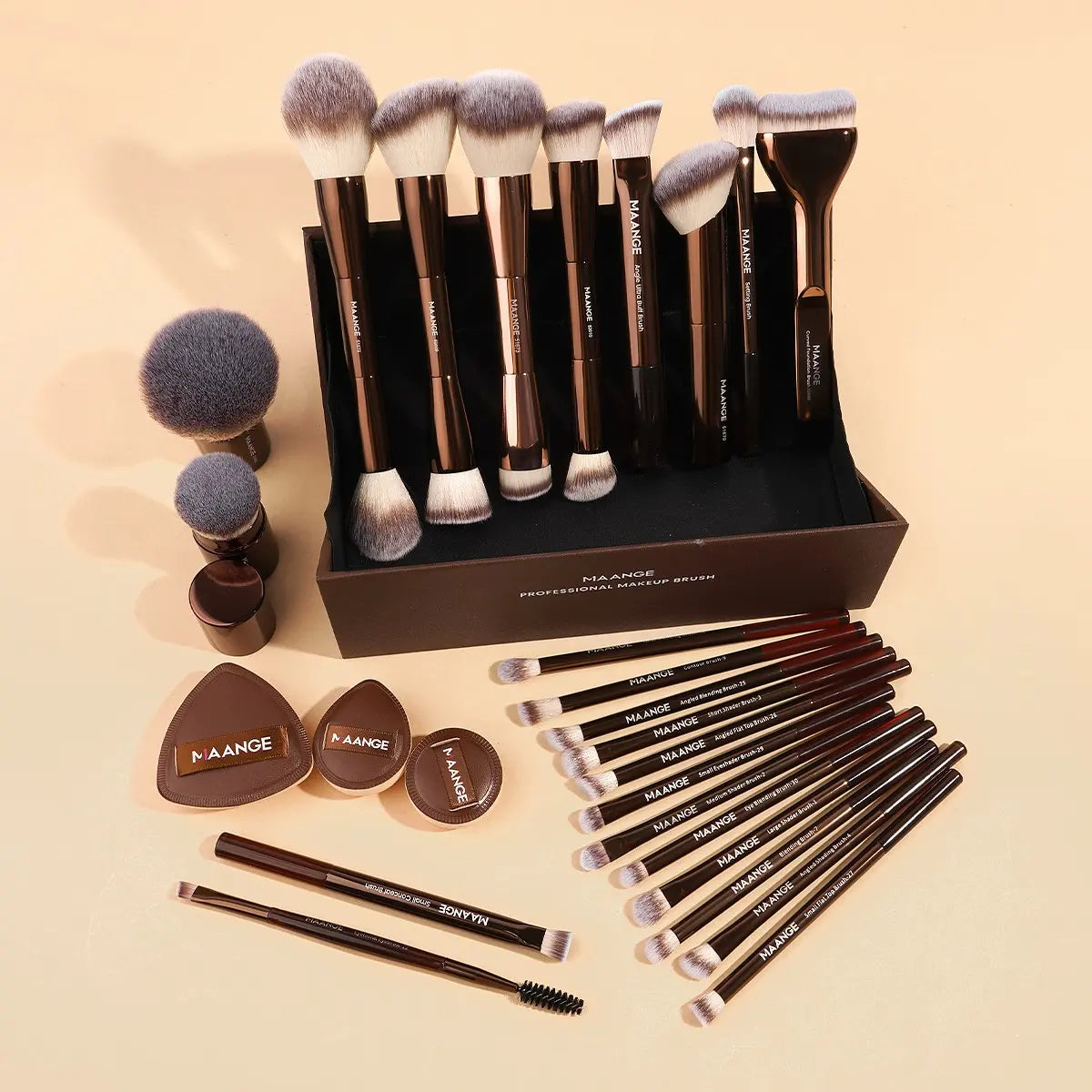 Transform Your Look with the Maange 28-Piece Ultimate Makeup Brush Set - 24 Brushes, 3 Powder Puffs & Stylish Storage Box for Flawless Beauty Application