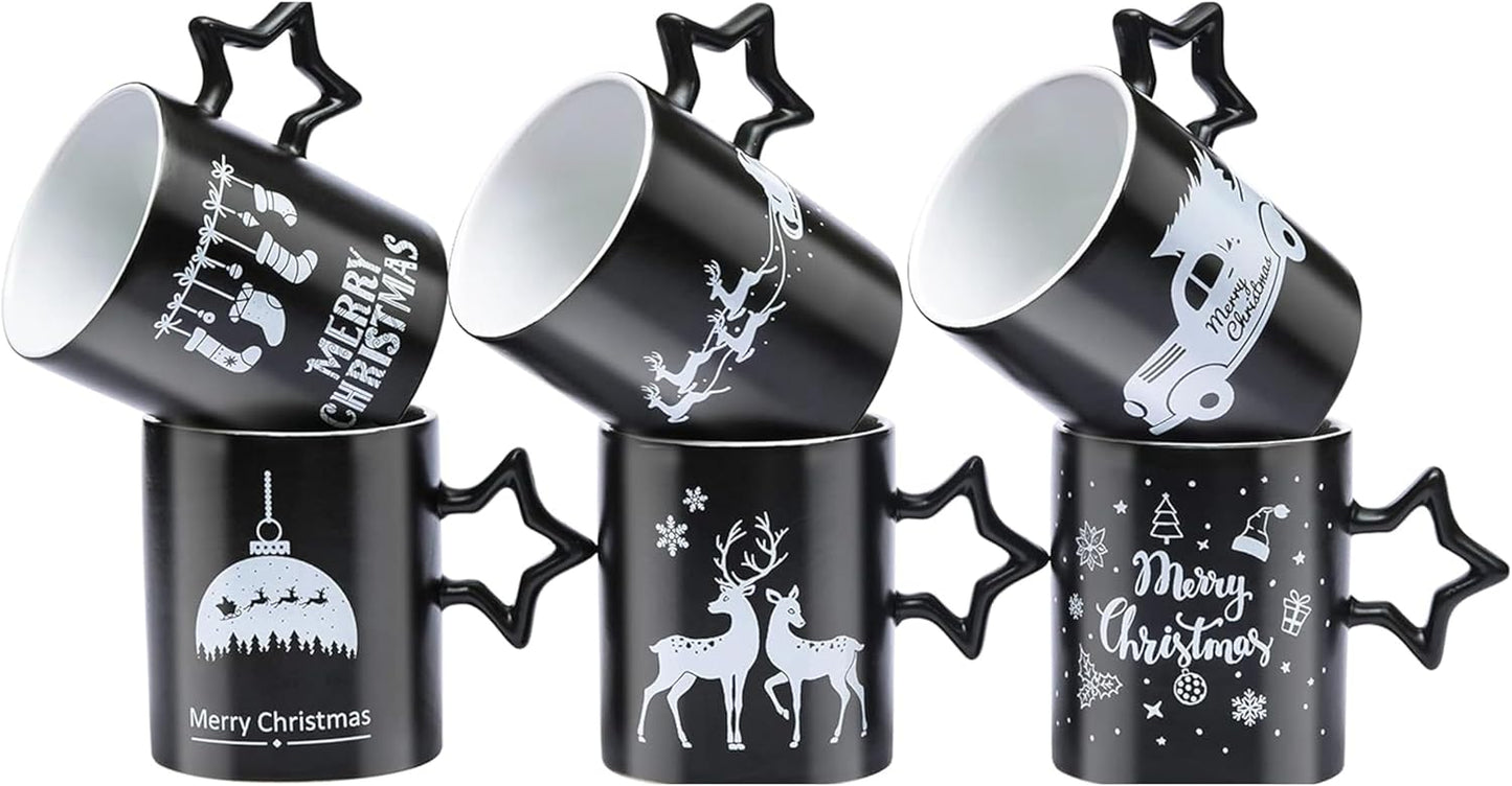 Charming Black Star Handle Coffee Mugs - Set of 6 Large 14 Oz Holiday Cups Perfect for Hot Beverages and DIY Decor