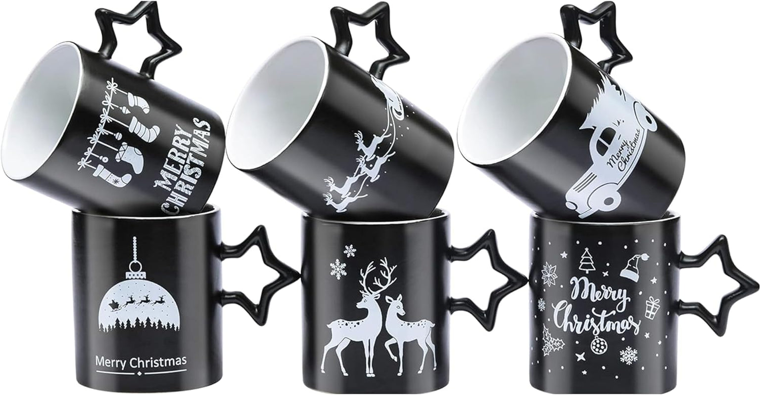 Charming Black Star Handle Coffee Mugs - Set of 6 Large 14 Oz Holiday Cups Perfect for Hot Beverages and DIY Decor