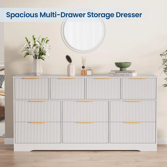Yj-Garvee Elegant Fluted 10-Drawer Wooden Dresser - 59" Wide Modern Chest of Drawers for Stylish Storage in Bedroom & Living Room