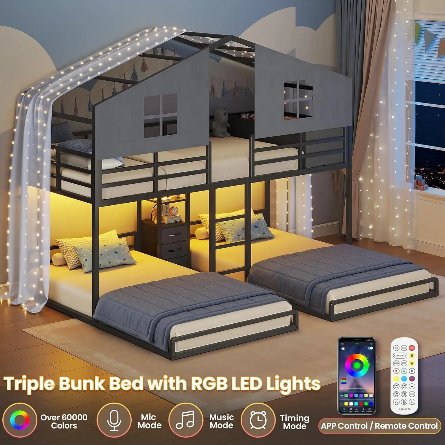 Sikaic Triple Bunk Bed Twin Size with House, 4 Storage Drawers, Charging Station and LED Lights, Metal Kids Bunk Bed with 13.4" H Safety Guardrail and Play Curtain, DIY House Shaped Bed Summergarden
