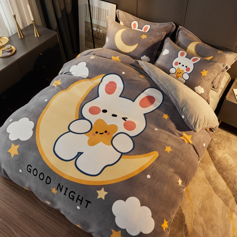 Cozy Cartoon Coral Velvet Bed Set with Plush Winter Milk Flannel Sheets – Perfect for Snuggling!
