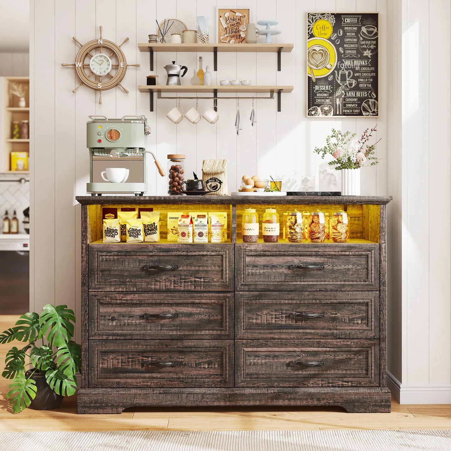 Raybeefurniture 47.2“/”55.2''Wide Dresser for Bedroom, Wood Dresser with LED & Power Outlet, Vintage 6/10 Drawer & Chests of Drawers, TV Stand, Closet,Hallway