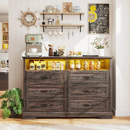 Raybeefurniture 47.2“/”55.2''Wide Dresser for Bedroom, Wood Dresser with LED & Power Outlet, Vintage 6/10 Drawer & Chests of Drawers, TV Stand, Closet,Hallway
