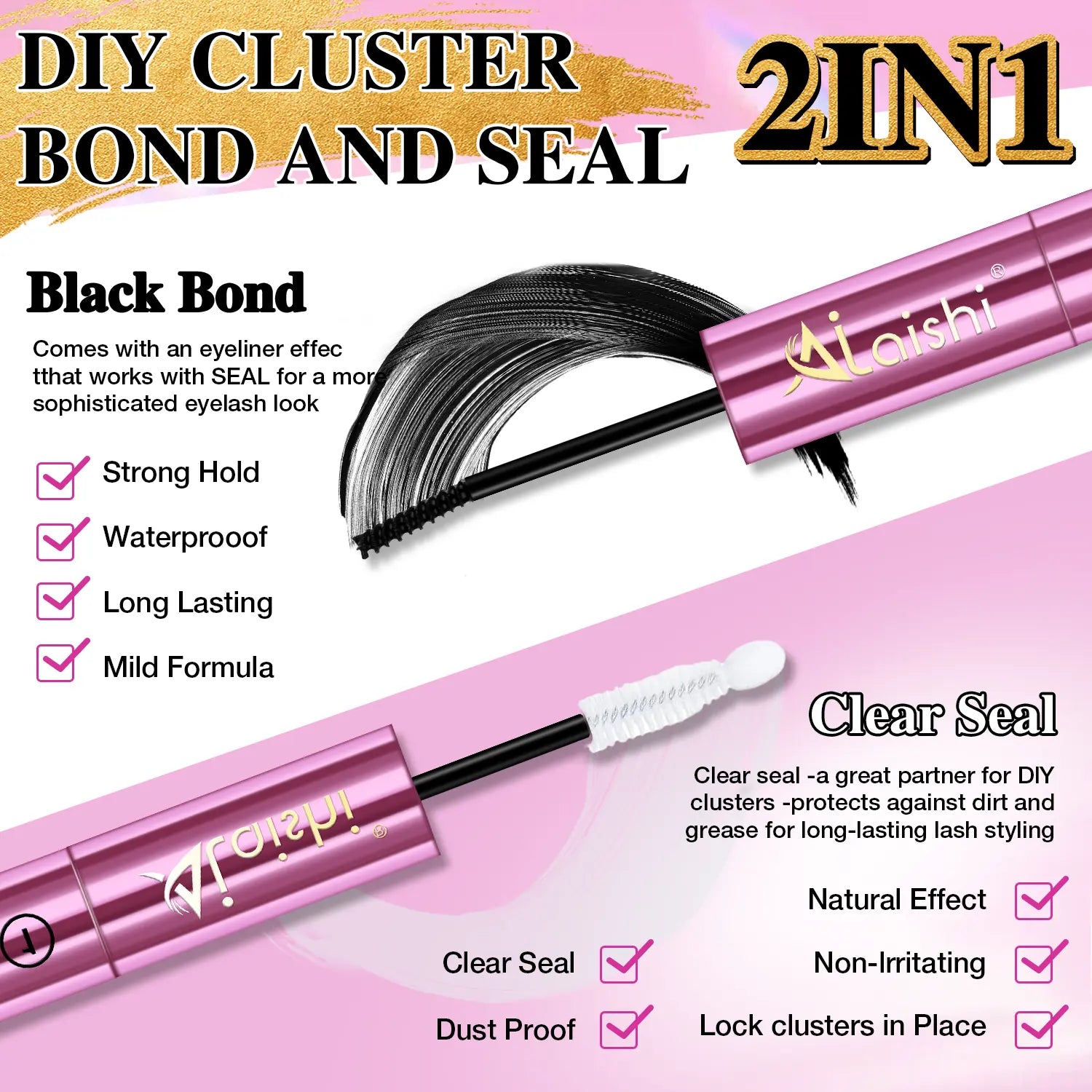 Ailaishi 2-in-1 Lash Bond & Seal: Waterproof Makeup Glue for Long-Lasting Cluster Lashes - Perfect for Beginners