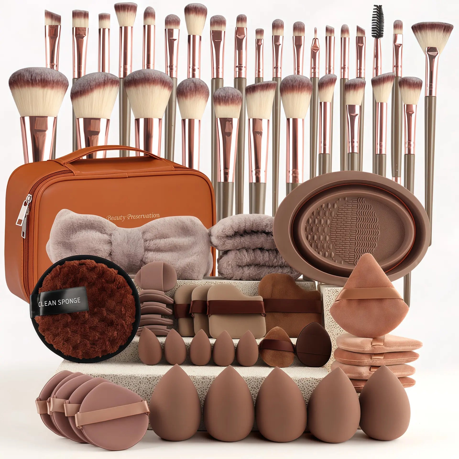 67 Piece Luxe Makeup Brush Set in Brown with Chic Puff Storage Bag - Your Ultimate Beauty Companion for Flawless Foundation, Blending, and Contouring!
