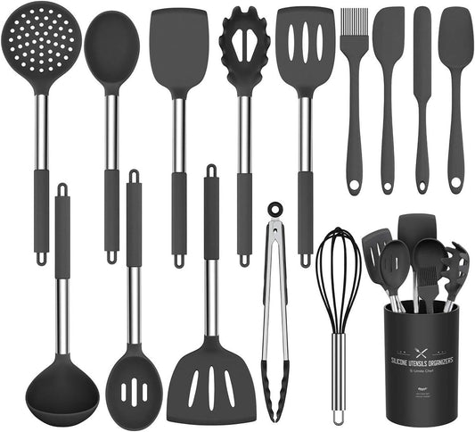 Ultimate 15-Piece Silicone Cooking Utensil Set with Stainless Steel Handles - Non-Stick, Durable & Dishwasher Safe Kitchen Tools in Black