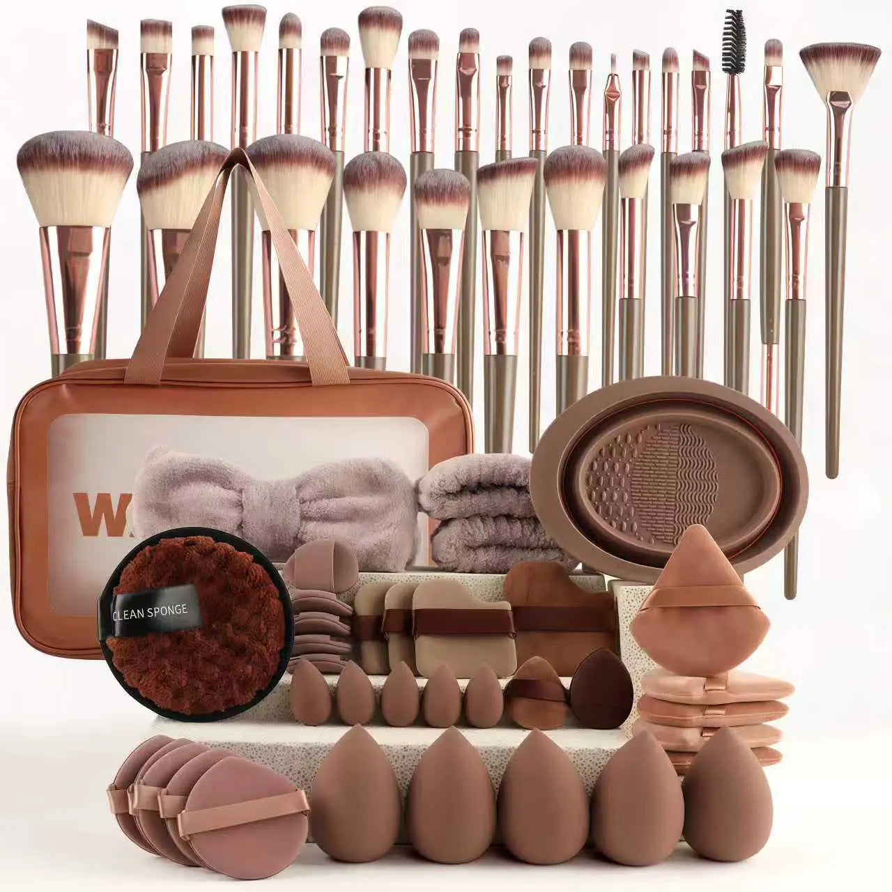 67 Piece Luxe Makeup Brush Set in Brown with Chic Puff Storage Bag - Your Ultimate Beauty Companion for Flawless Foundation, Blending, and Contouring!