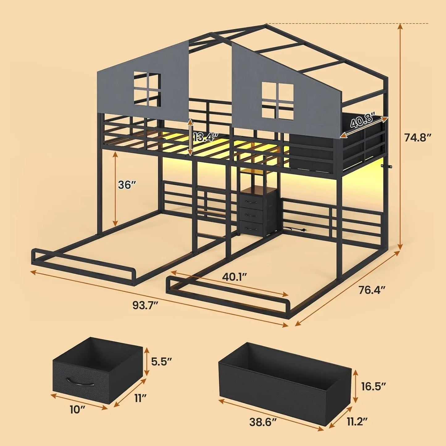 Sikaic Triple Bunk Bed Twin Size with House, 4 Storage Drawers, Charging Station and LED Lights, Metal Kids Bunk Bed with 13.4" H Safety Guardrail and Play Curtain, DIY House Shaped Bed Summergarden