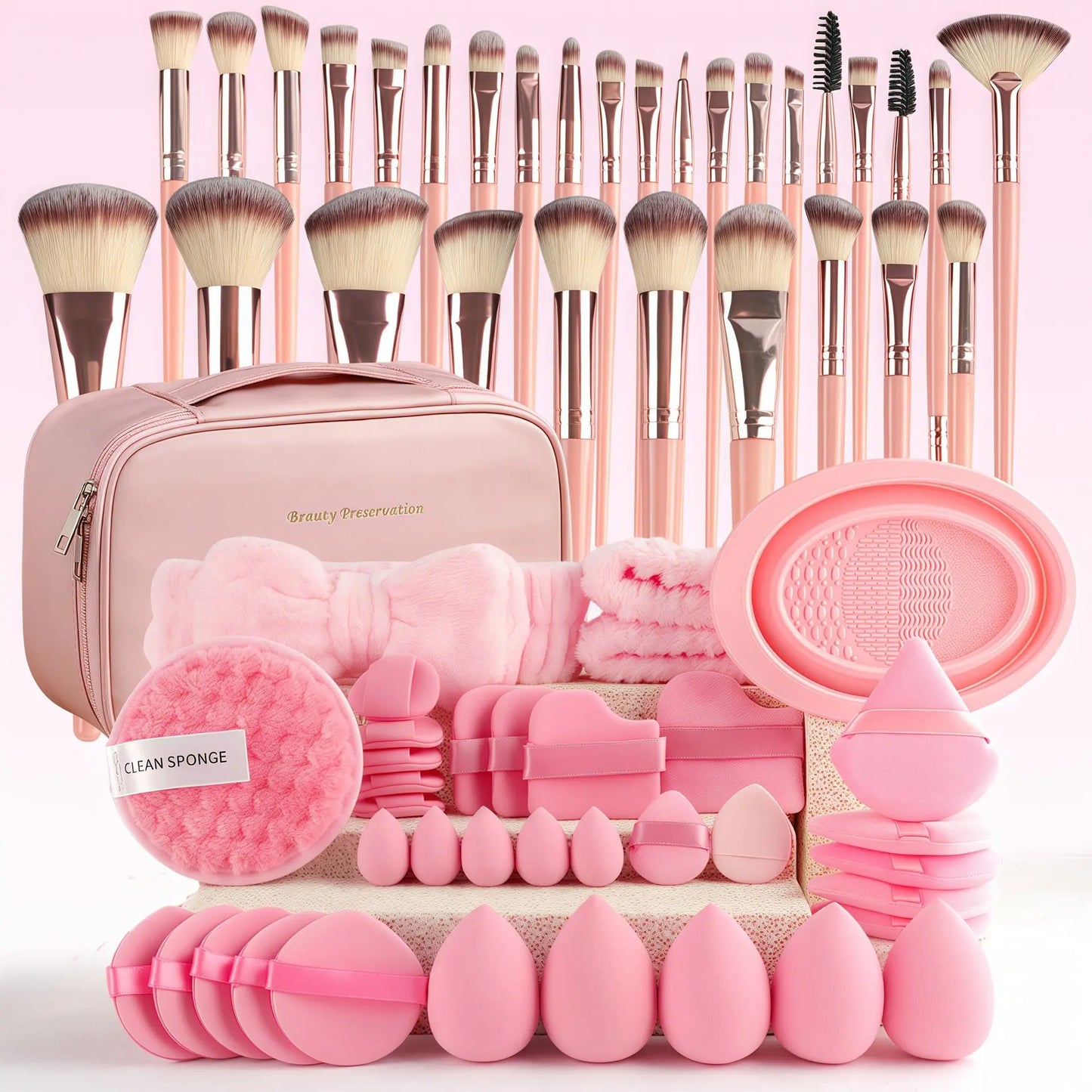 67 Piece Luxe Makeup Brush Set in Brown with Chic Puff Storage Bag - Your Ultimate Beauty Companion for Flawless Foundation, Blending, and Contouring!