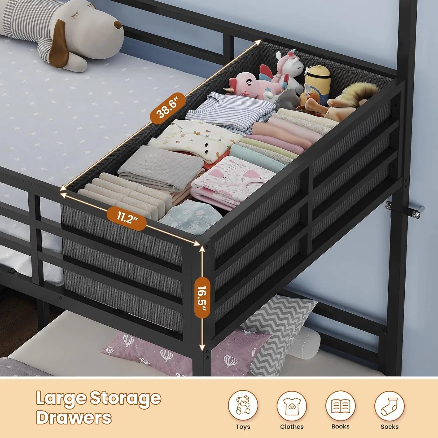 Sikaic Triple Bunk Bed Twin Size with House, 4 Storage Drawers, Charging Station and LED Lights, Metal Kids Bunk Bed with 13.4" H Safety Guardrail and Play Curtain, DIY House Shaped Bed Summergarden