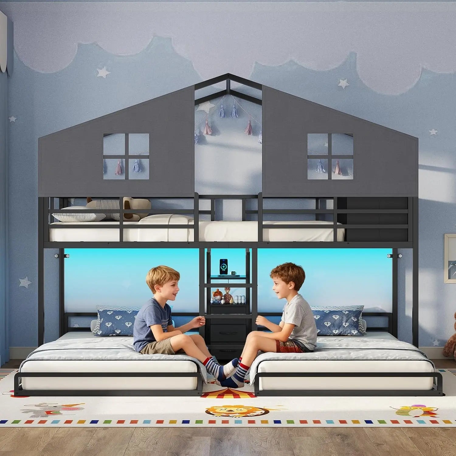 Sikaic Triple Bunk Bed Twin Size with House, 4 Storage Drawers, Charging Station and LED Lights, Metal Kids Bunk Bed with 13.4" H Safety Guardrail and Play Curtain, DIY House Shaped Bed Summergarden