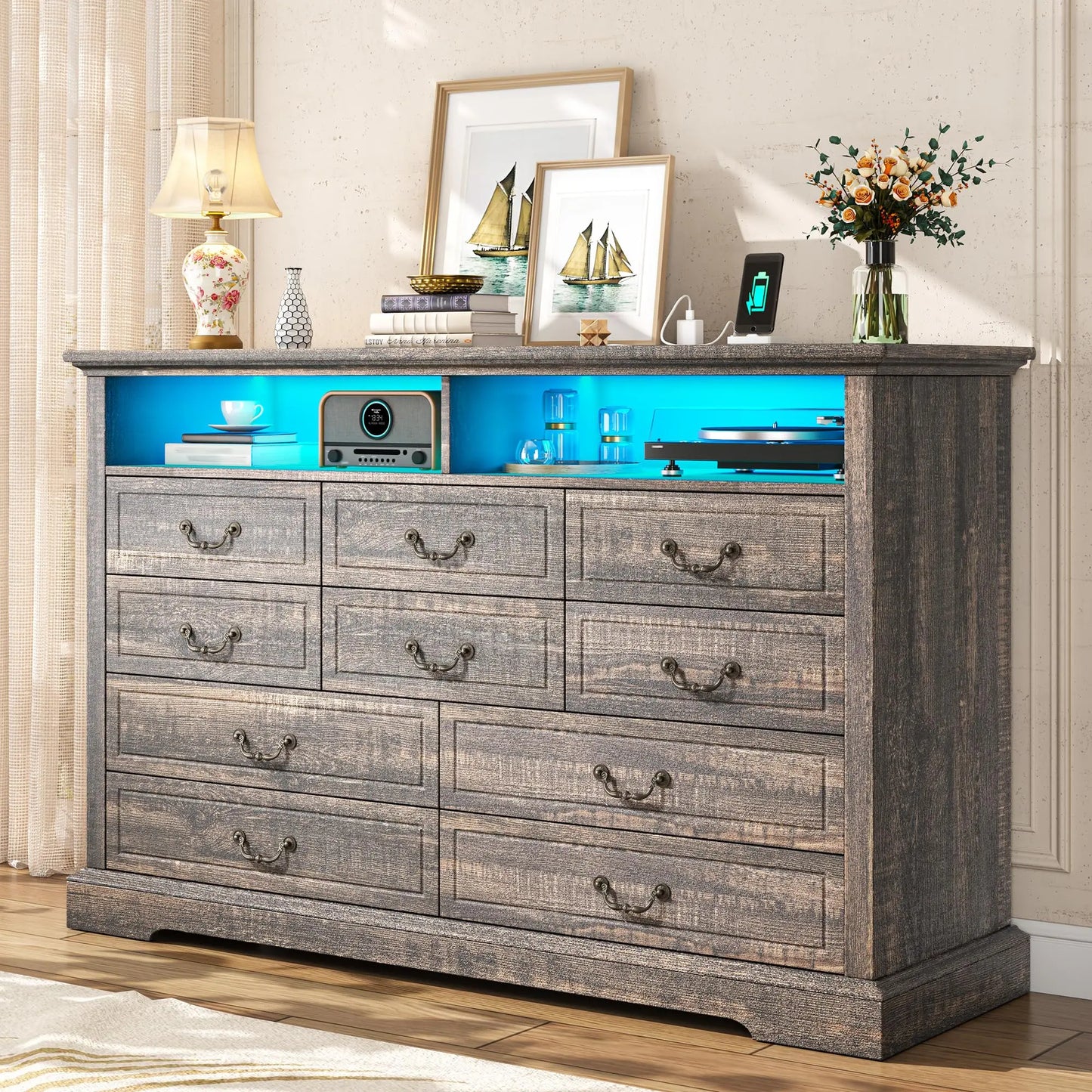 Raybeefurniture 47.2“/”55.2''Wide Dresser for Bedroom, Wood Dresser with LED & Power Outlet, Vintage 6/10 Drawer & Chests of Drawers, TV Stand, Closet,Hallway