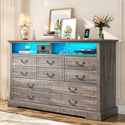 Raybeefurniture 47.2“/”55.2''Wide Dresser for Bedroom, Wood Dresser with LED & Power Outlet, Vintage 6/10 Drawer & Chests of Drawers, TV Stand, Closet,Hallway