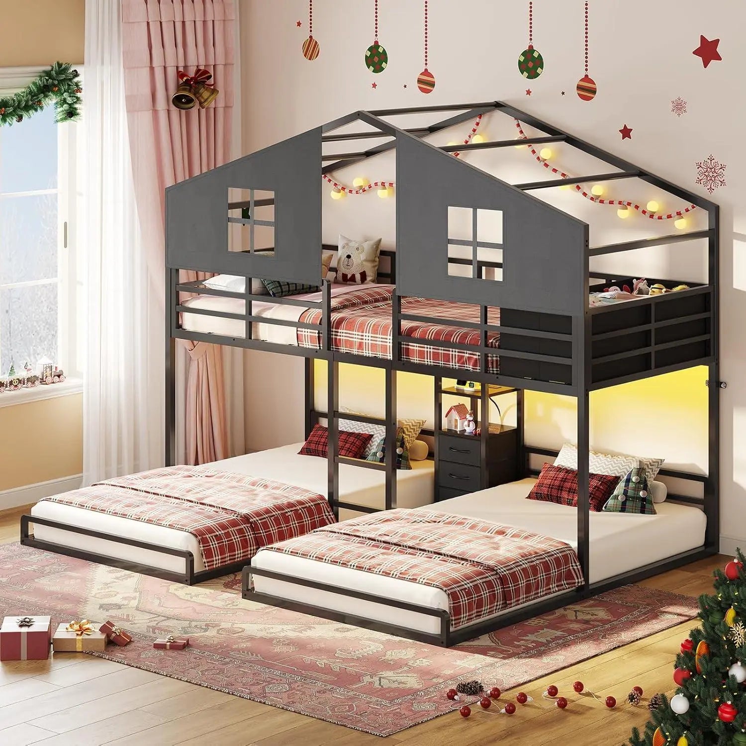 Sikaic Triple Bunk Bed Twin Size with House, 4 Storage Drawers, Charging Station and LED Lights, Metal Kids Bunk Bed with 13.4" H Safety Guardrail and Play Curtain, DIY House Shaped Bed Summergarden