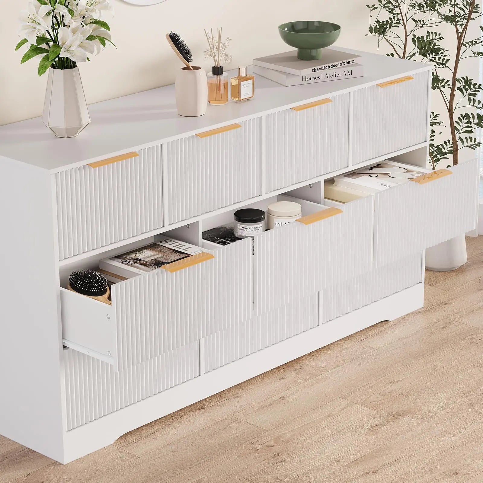 Yj-Garvee Elegant Fluted 10-Drawer Wooden Dresser - 59" Wide Modern Chest of Drawers for Stylish Storage in Bedroom & Living Room