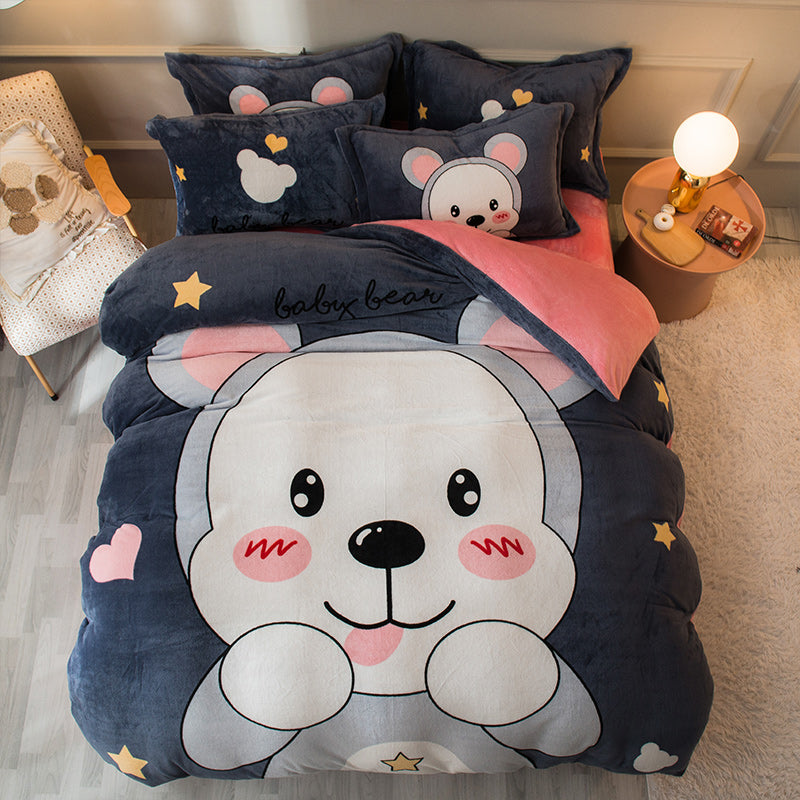 Cozy Cartoon Coral Velvet Bed Set with Plush Winter Milk Flannel Sheets – Perfect for Snuggling!