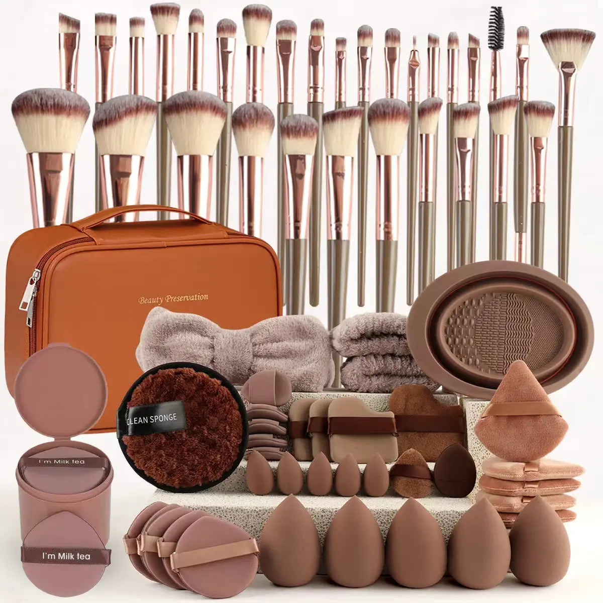 67 Piece Luxe Makeup Brush Set in Brown with Chic Puff Storage Bag - Your Ultimate Beauty Companion for Flawless Foundation, Blending, and Contouring!