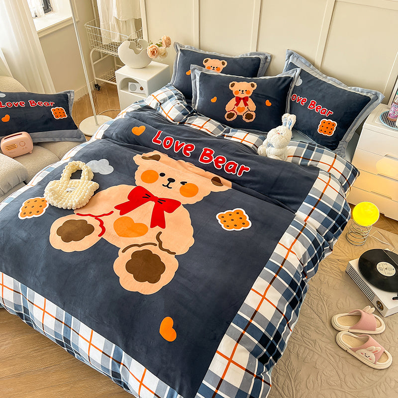 Cozy Cartoon Coral Velvet Bed Set with Plush Winter Milk Flannel Sheets – Perfect for Snuggling!