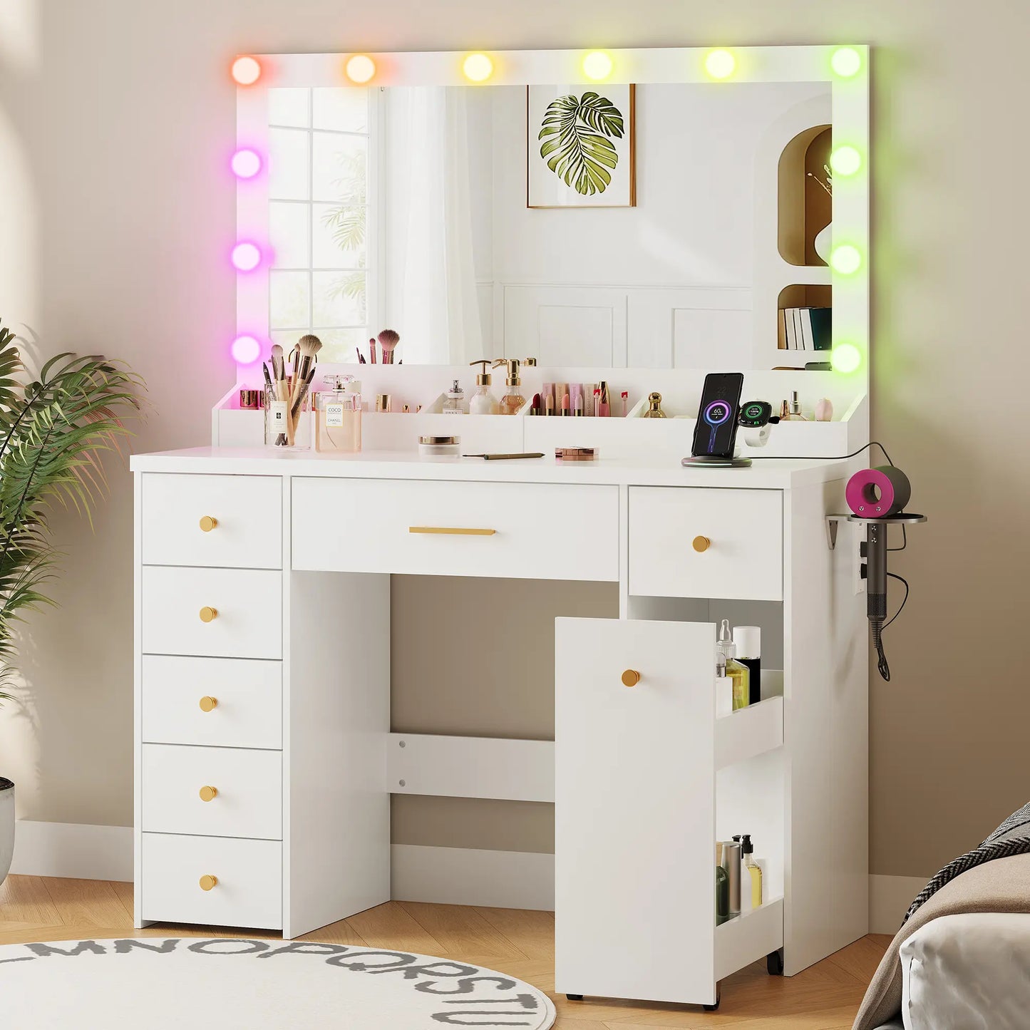 Illuminate Your Space: Modern 7-Drawer Vanity Table with Colorful LED Lights and Power Outlet - Perfect Dressing Table for Girls