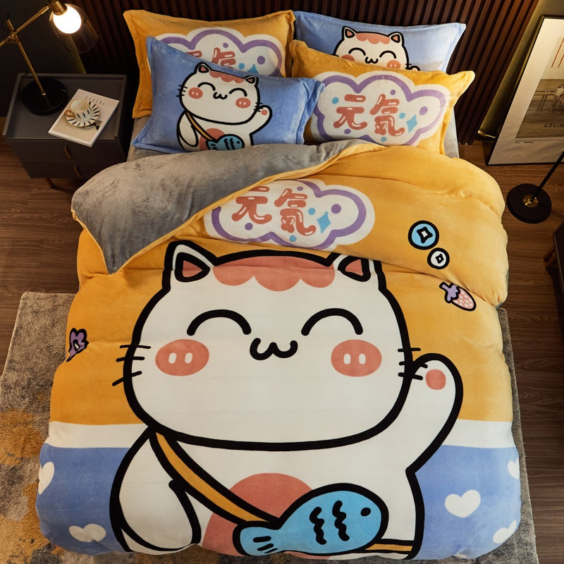 Cozy Cartoon Coral Velvet Bed Set with Plush Winter Milk Flannel Sheets – Perfect for Snuggling!