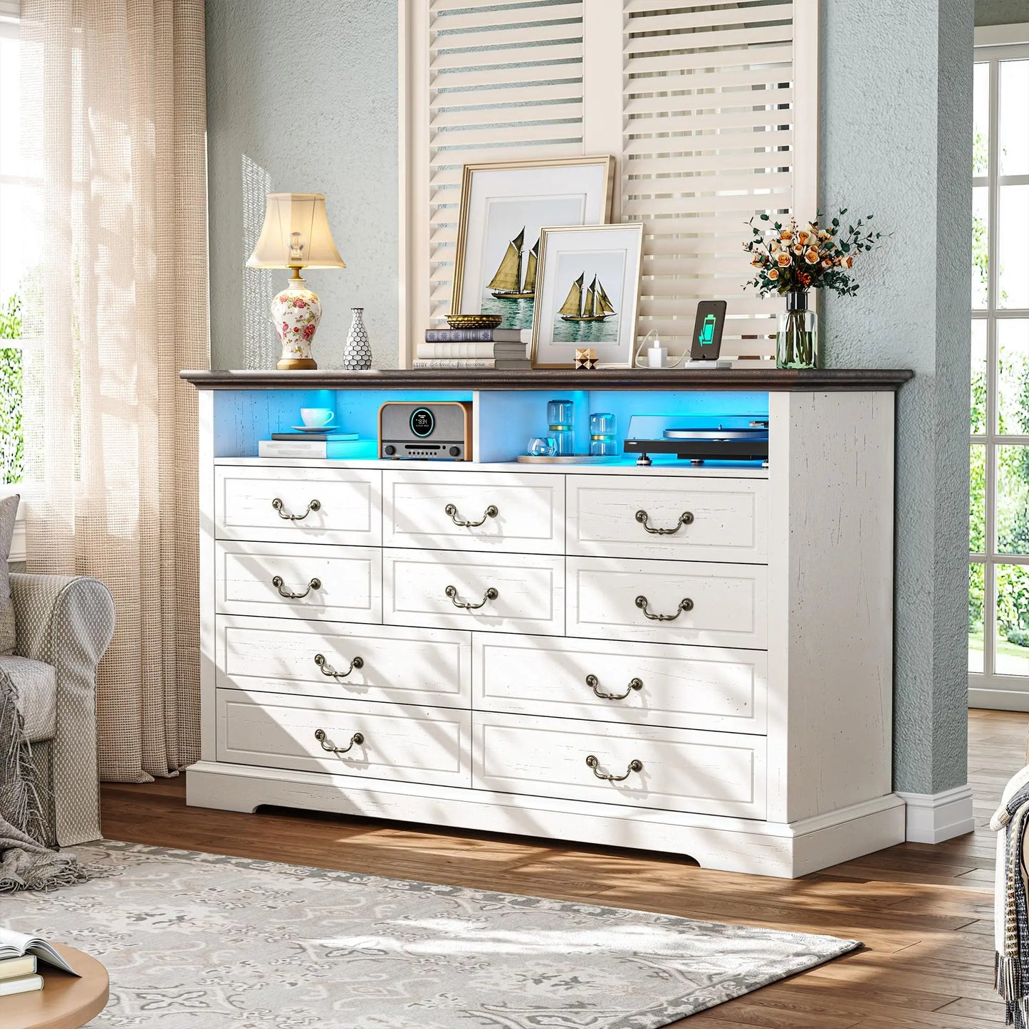 Raybeefurniture 47.2“/”55.2''Wide Dresser for Bedroom, Wood Dresser with LED & Power Outlet, Vintage 6/10 Drawer & Chests of Drawers, TV Stand, Closet,Hallway