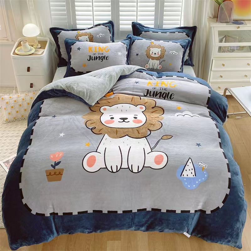 Cozy Cartoon Coral Velvet Bed Set with Plush Winter Milk Flannel Sheets – Perfect for Snuggling!