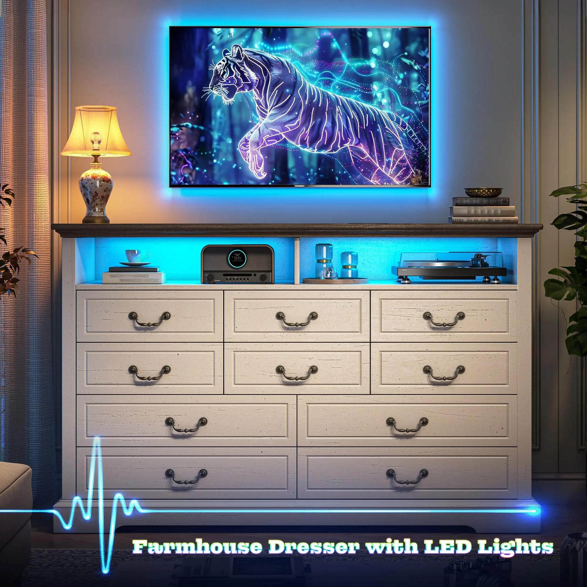 Raybeefurniture 47.2“/”55.2''Wide Dresser for Bedroom, Wood Dresser with LED & Power Outlet, Vintage 6/10 Drawer & Chests of Drawers, TV Stand, Closet,Hallway