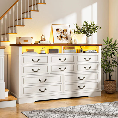 Raybeefurniture 47.2“/”55.2''Wide Dresser for Bedroom, Wood Dresser with LED & Power Outlet, Vintage 6/10 Drawer & Chests of Drawers, TV Stand, Closet,Hallway