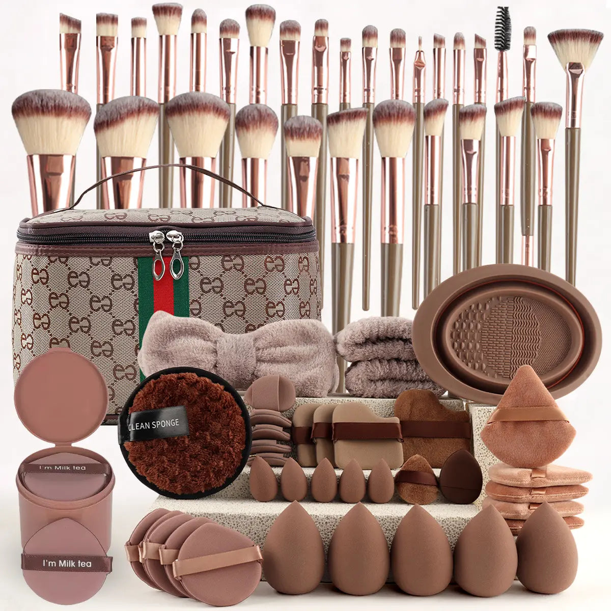 67 Piece Luxe Makeup Brush Set in Brown with Chic Puff Storage Bag - Your Ultimate Beauty Companion for Flawless Foundation, Blending, and Contouring!