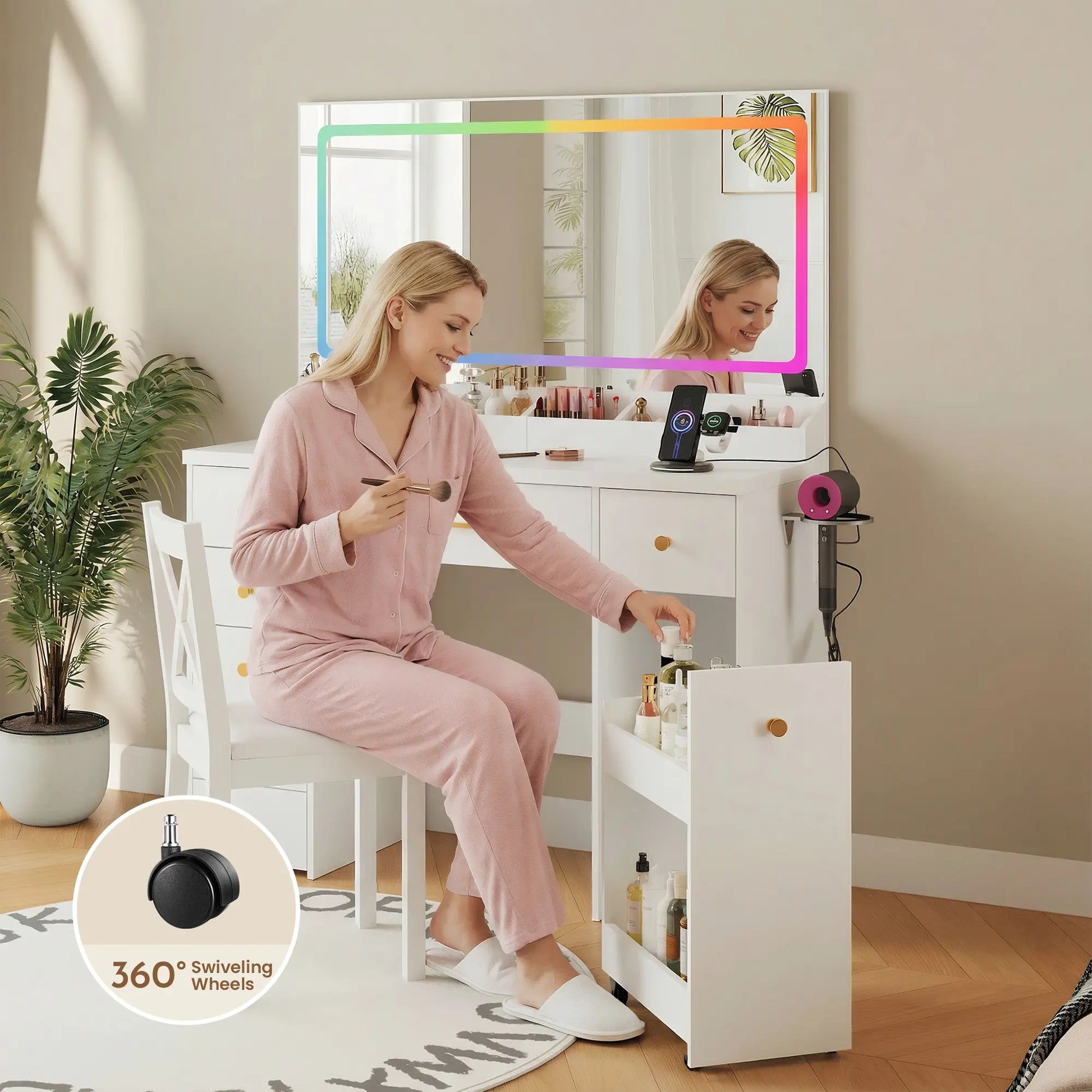 Illuminate Your Space: Modern 7-Drawer Vanity Table with Colorful LED Lights and Power Outlet - Perfect Dressing Table for Girls