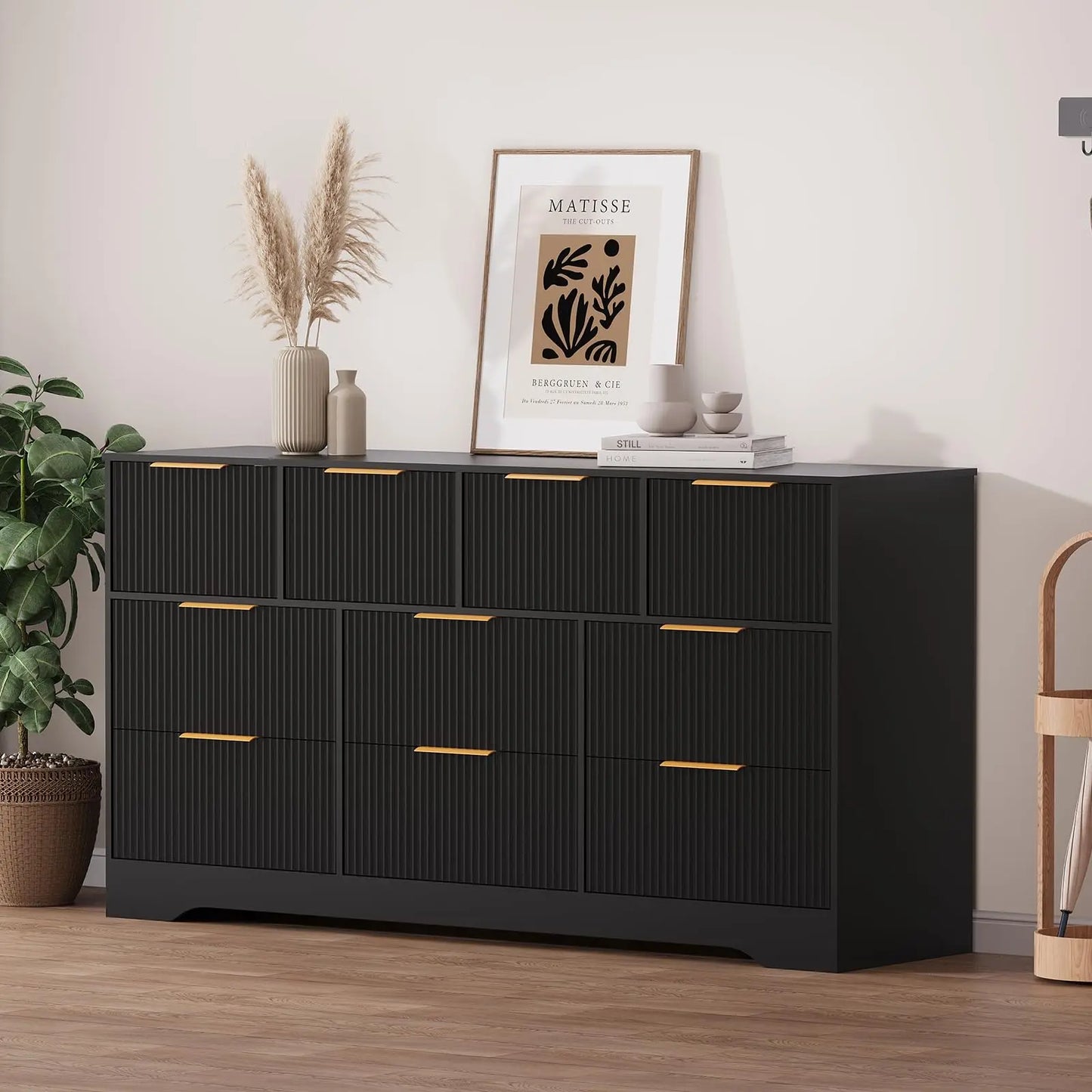 Yj-Garvee Elegant Fluted 10-Drawer Wooden Dresser - 59" Wide Modern Chest of Drawers for Stylish Storage in Bedroom & Living Room